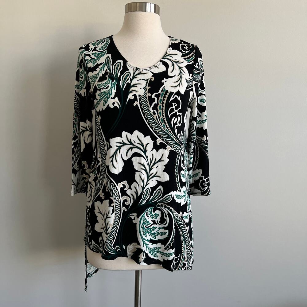 Chico's Travelers Asymmetrical V-Neck Blouse Filigree Black Green Small